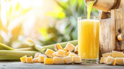 Freshly squeezed sugarcane juice poured into a glass, surrounded by cut sugarcane and a vibrant green background, showcasing a tropical and refreshing beverage perfect for hot days.