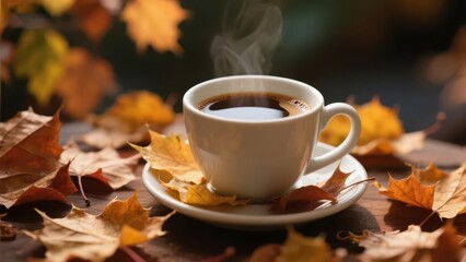 In autumn, a cup of steaming coffee is placed on a table covered with fallen leaves, fully showing leisure and warmth.