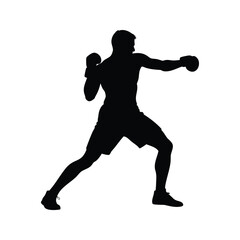 Silhouette of a boxer throwing punches during training session on white background, male athlete boxing silhouette vector illustration