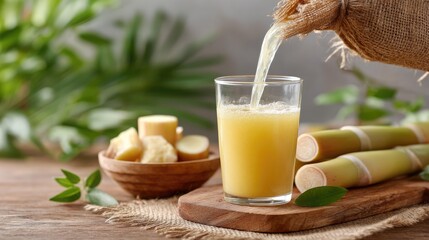 Freshly squeezed sugarcane juice served in a glass, accompanied by sugarcane stalks and pieces on a wooden surface, capturing the essence of natural sweetness and refreshing hydration.