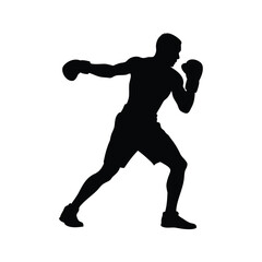 Silhouette of determined boxer unleashing powerful punch with unwavering focus, male athlete boxing silhouette vector illustration