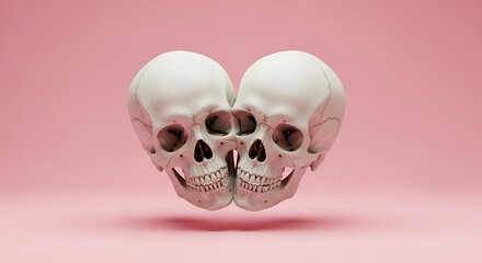 Two human skulls joined together in a heart shape on a pink background