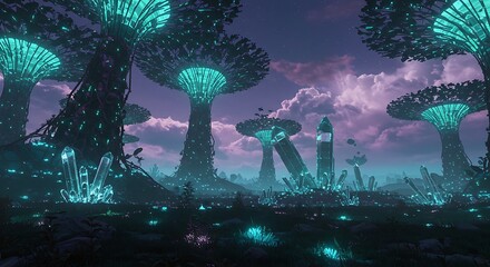 Fantasy landscape featuring glowing alien trees and crystals under a purple sky