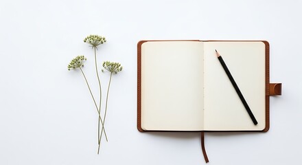 Open notebook with pencil and dried flowers on white background
