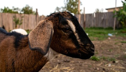 Close-up of a goat's head and neck in a rural setting