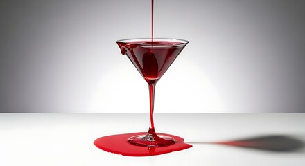 Thick red liquid pouring into a martini glass and spilling onto a white surface