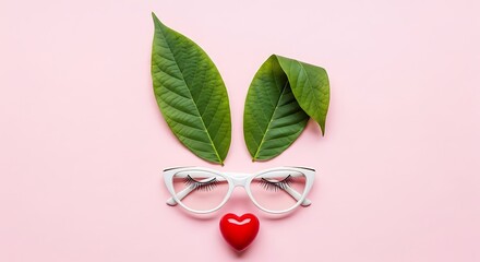 Cute bunny face made from leaves glasses and heart on pink background