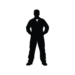 Silhouette of a man in work clothes standing with hands on hips, mechanic in coveralls silhouette vector illustration
