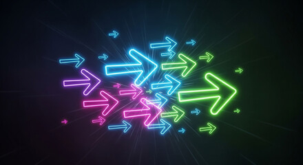 Obraz premium Neon arrows pointing forward in a cluster on a dark background