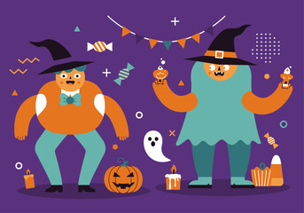 Fototapeta premium Flat Design Halloween Illustration with Witches, Ghost, Pumpkin, and Candies