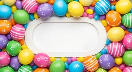 Colorful easter eggs bordering empty white oval frame for text