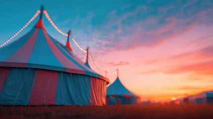 Colorful tents illuminated by sunset glow, creating whimsical at