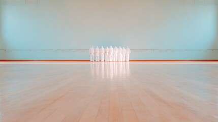 Minimalist scene showcasing bowling pins aligned on polished woo