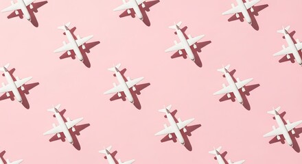Pattern of white toy airplanes casting shadows on a pink background