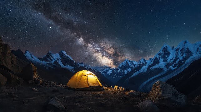 Camping under the stars a glowing tent beneath the milky way in the majestic himalayan mountains