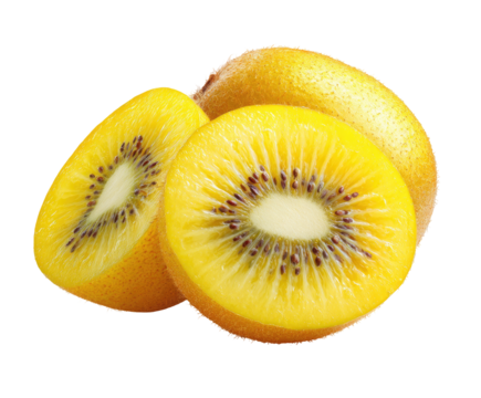 Close-up of two halves and a whole golden kiwi fruit