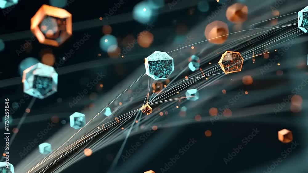 Wall mural abstract visualization of molecular structures and particles in motion against a dynamic background