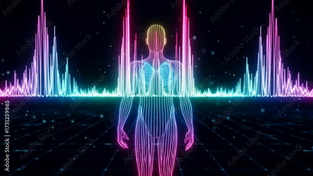 Wall mural abstract technology background with human figure and data waveform visualization