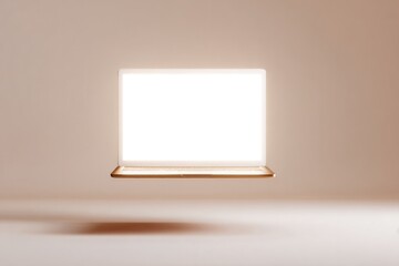 Floating laptop with glowing screen creates minimalistic tech am