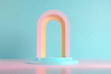 Colorful arch structure against soft pastel backdrop creates whi