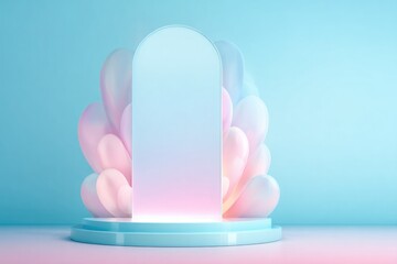 Soft pastel backdrop features an elegant arch, surrounded by flu