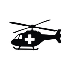 Silhouette of a medical evacuation helicopter with a white cross symbol, medical emergency helicopter silhouette vector illustration