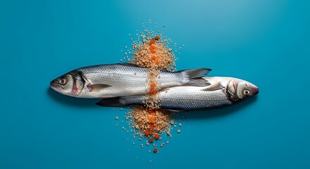 Two fresh fish with orange sauce on a blue background