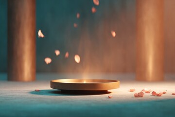 Soft petals floating above wooden dish, illuminated by gentle li