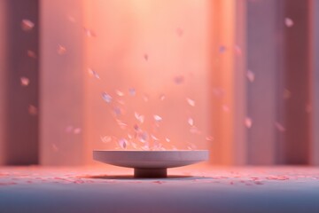 Delicate petals float above minimalist plate, bathed in soft pin