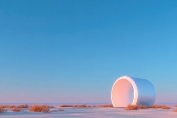 large white cylindrical shape rests in serene desert landscape u