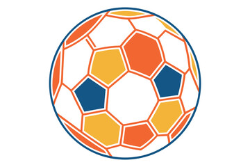 Fototapeta premium Stylized soccer ball graphic with orange blue and yellow panels on white background football sport