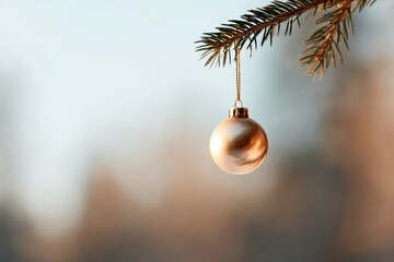 Shimmering ornament dangles from pine branch against soft blurre