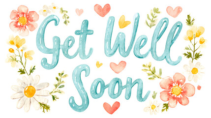 Watercolor illustration with flowers and message "Get Well Soon"  