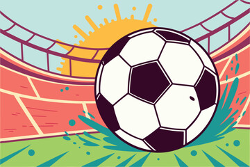 Stylized soccer ball on green field with stadium and sun graphic football sport