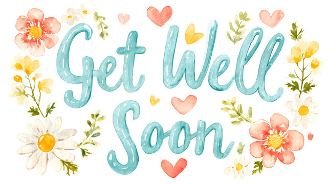 Watercolor illustration with flowers and message "Get Well Soon"