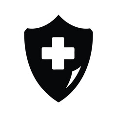 Black and white shield with a plus sign symbol, safety concept, medical shield icon silhouette vector illustration