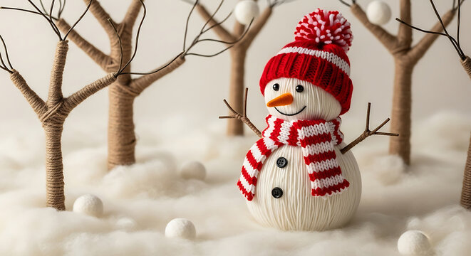 Cute snowman wool character made of yarn threads, wearing a knitted scarf and beanie, standing in a woolen snowy forest
