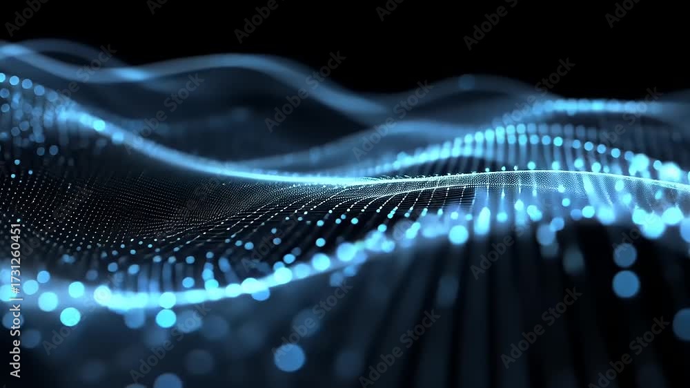 Wall mural abstract representation of glowing blue waves and particles flowing in a dark background, creating d