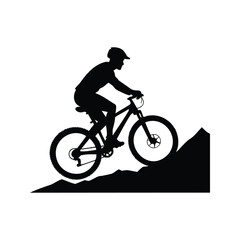 Silhouette of a mountain biker climbing uphill on a rugged terrain trail, mountain biking silhouette vector illustration