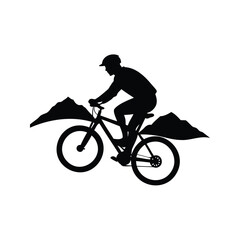 Obraz premium Silhouette of a mountain biker traversing rugged terrain with mountain backdrop, mountain biking silhouette vector illustration