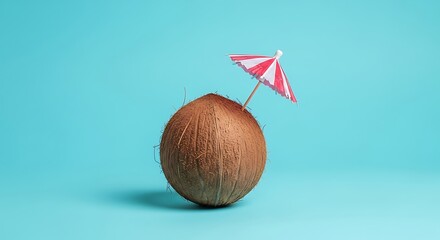 Whole coconut with pink and white umbrella on blue background