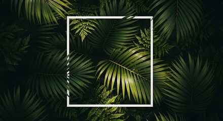 Dark green tropical palm leaves with white rectangle frame overlay