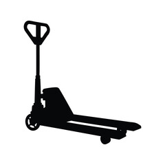 Black silhouette of a hand pallet truck used for lifting and moving pallets, pallet jack silhouette vector illustration