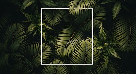 Overhead view of lush green fern leaves with a white rectangular frame