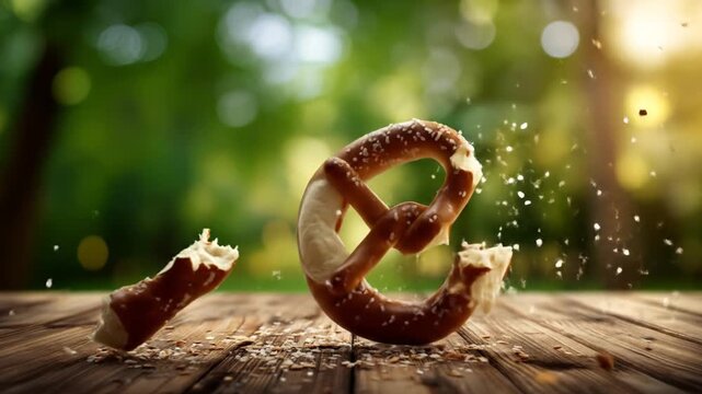 Fresh pretzel on wooden table with bokeh lights and green background