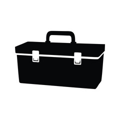 Black and white silhouette of a classic hinged toolbox, ready for use, toolbox silhouette vector illustration