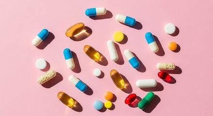 Assortment of colorful pills and capsules scattered on a pink background