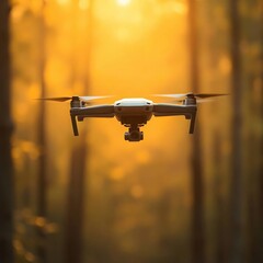Drone flight with sunset forest.