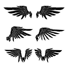 Mechanical Wings Set in Black and White Vector Illustration