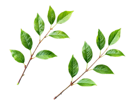 Bright Green Leafy Branch with Glossy Texture, Transparent Background, Botanical Illustration for Web Design - Powered by Adobe